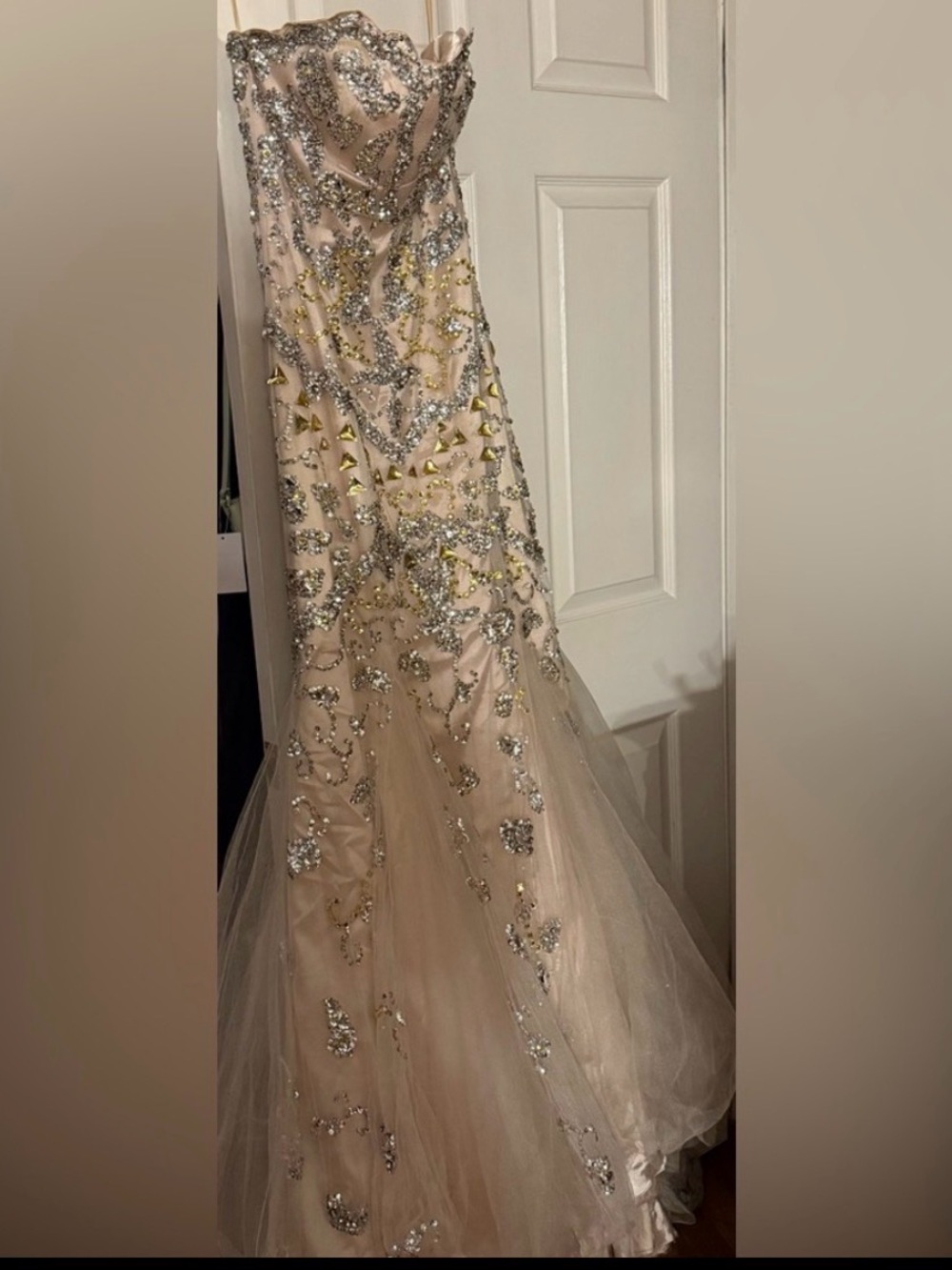 Jovani Blush Pink and Silver Embellished Strapless Mermaid Gown - Picture 2 of 9
